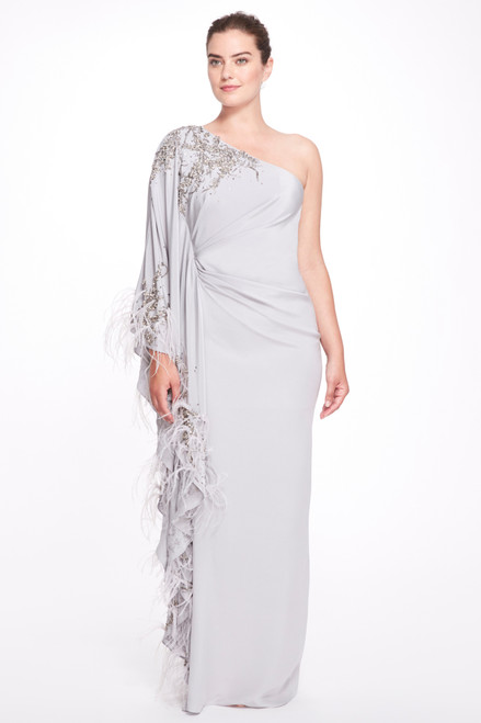 Shop Marchesa Feather Trimmed One Shoulder Silk Gown