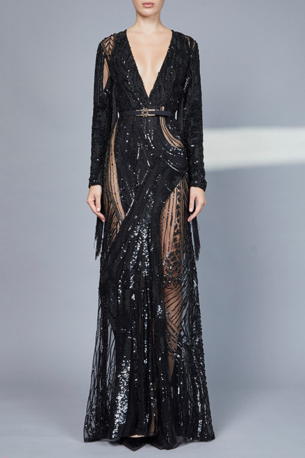Elie Saab Bead Embroidered Long Sleeve Gown