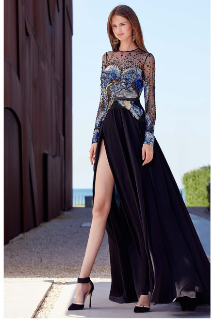 Shop Elie Saab Bead Embroidered Long Sleeve Gown