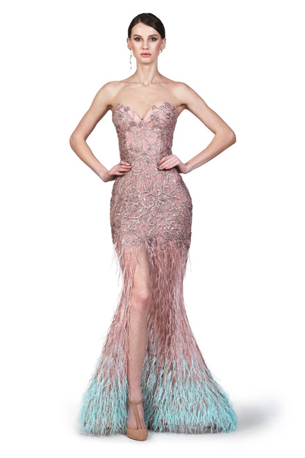 Shop O'blanc Feathered Slit Gown With Cape