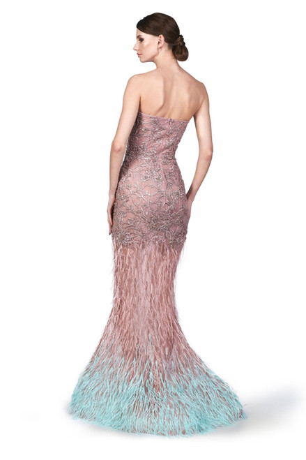 Shop O'blanc Feathered Slit Gown With Cape