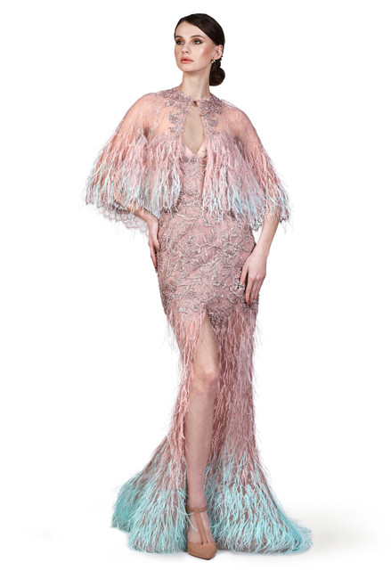Shop O'blanc Feathered Slit Gown With Cape