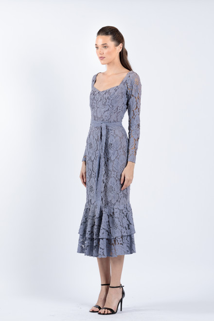 Shop Zeena Zaki Long Sleeve Dantel Midi Dress