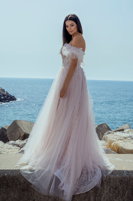 Shop Ziad Germanos Off Shoulder Tulle And Lace Gown