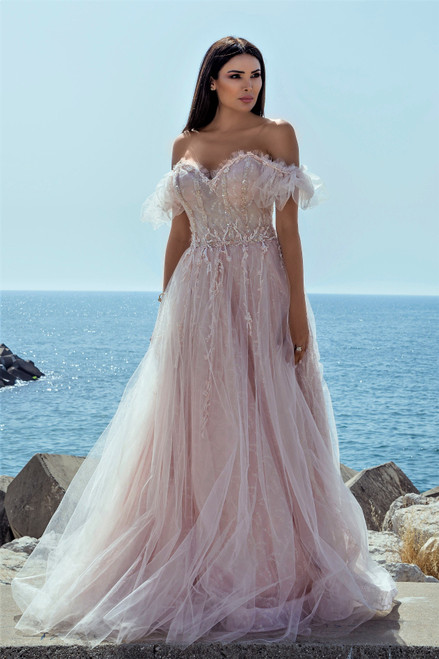 Shop Ziad Germanos Off Shoulder Tulle And Lace Gown