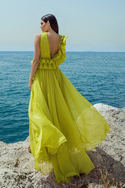 Shop Ziad Germanos Ruffled Sleeveless Chiffon Gown