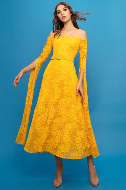 Gemy Maalouf Lace Midi Dress With Exaggerated Sleeves