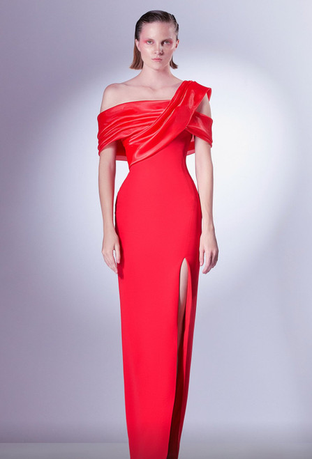 Gaby Charbachy Draped Shoulder Slit Gown