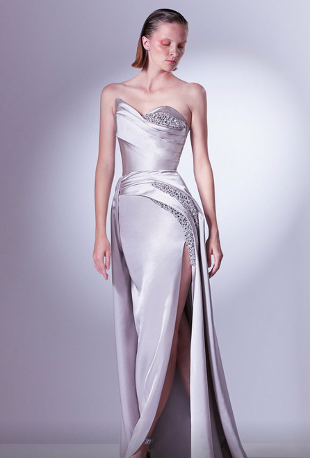 Gaby Charbachy Strapless Embellished Slit Gown