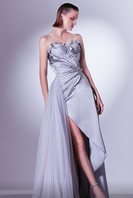 Gaby Charbachy Strapless Ruched Slit Gown