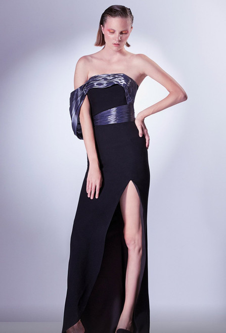 Gaby Charbachy Draped Sleeve Slit Gown