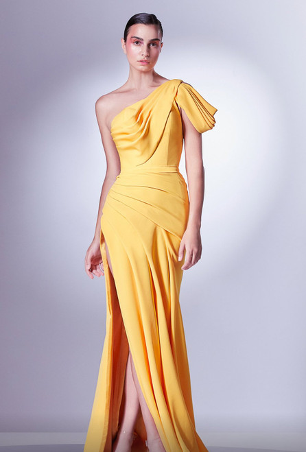 Gaby Charbachy Ruffled One Shoulder Draped Slit Gown