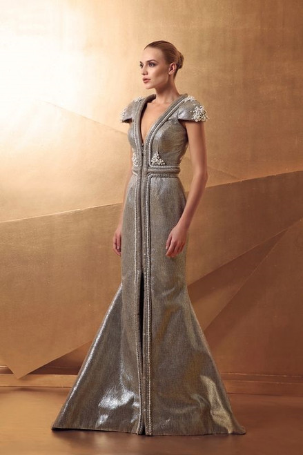Lilly Ibrahim Pearl Detailed Cap Sleeve Gown