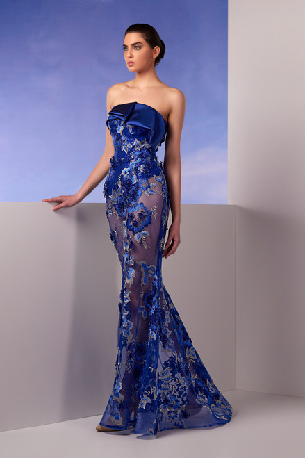 Navy Blue Prom Gown with Off-shoulder Design And Full Length Skirt -  $153.992 #V78241 - SheProm.com