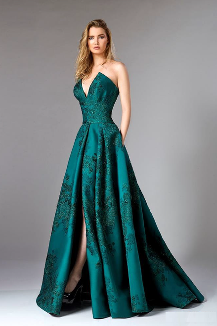 Shop Divina By Edward Arsouni Green Strapless Floral Brocade Evening Gown