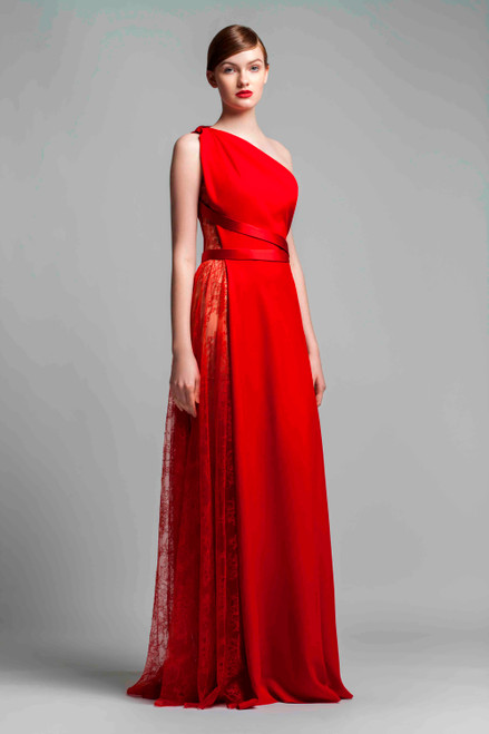Gemy Maalouf One Shoulder Red Sleeveless Evening Gown