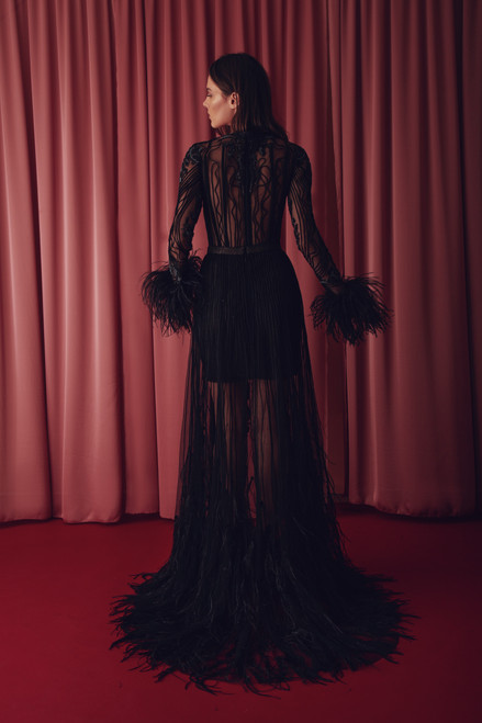 Shop Gatti Nolli By Marwan Faith Long Sleeve Feathered Gown