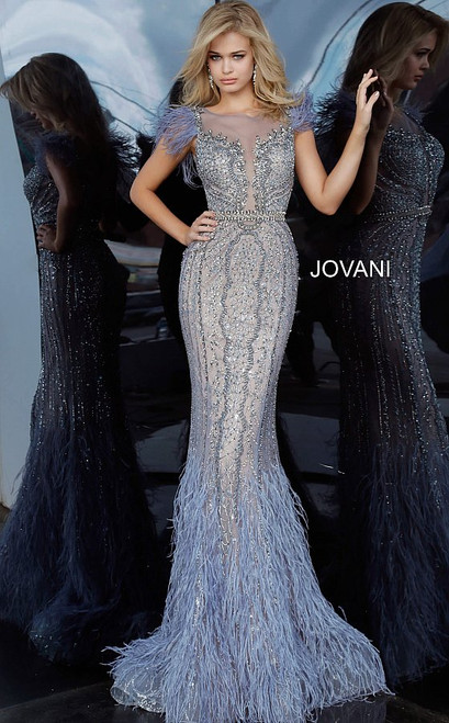 Shop Jovani Beaded Feather Embellished Evening Gown