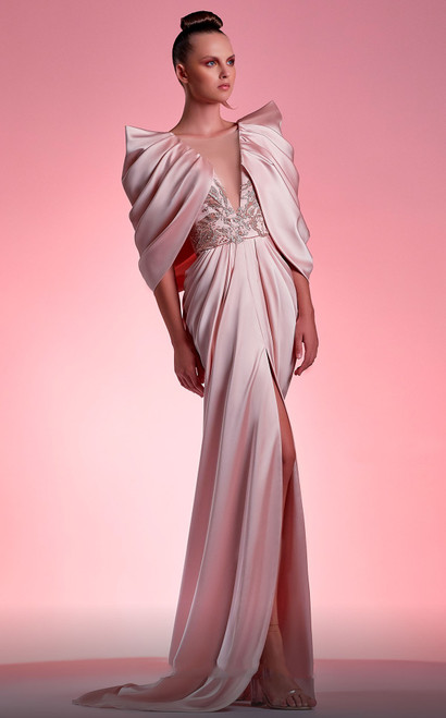 Gaby Charbachy Draped Shoulder Illusion Neck Gown