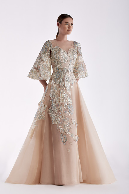 Edward Arsouni Tulle Embroidered Gown