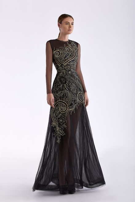Edward Arsouni Tulle Embroidered Long Sleeve Gown