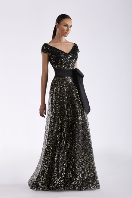 Edward Arsouni Sequin And Tulle Cap Sleeve Gown