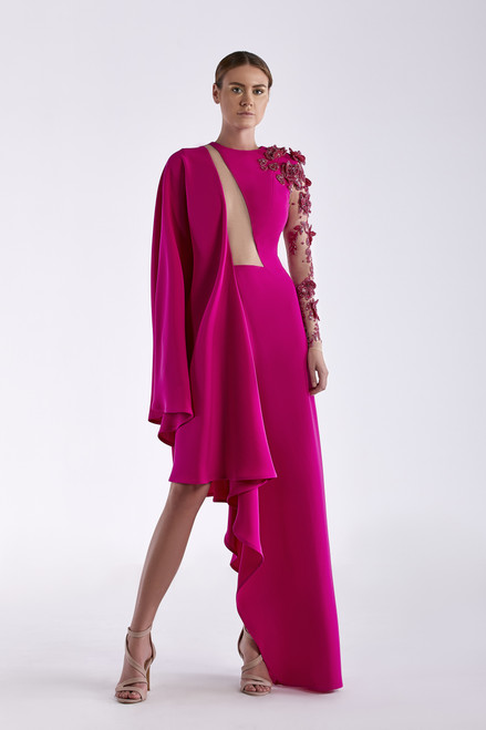 Edward Arsouni Crepe Gown With Embroidered Sleeve