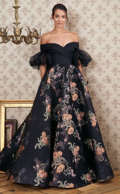 Mnm Couture Off Shoulder Short Sleeve Floral Gown