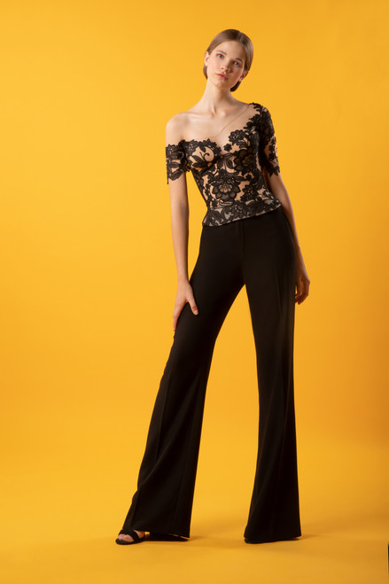 Gemy Maalouf Asymmetrical Lace Top And Wide Pants