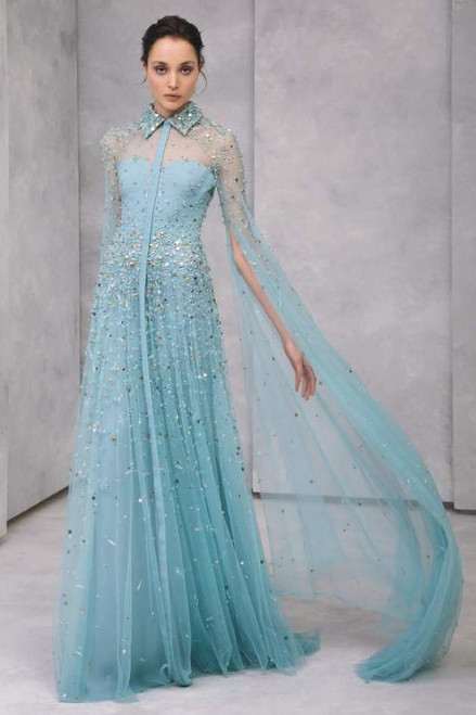 Shop Tony Ward Tulle Cape Sleeve Shirt Gown