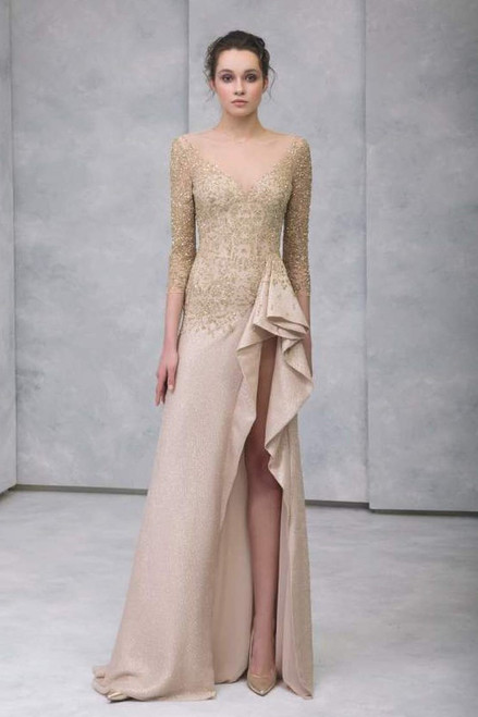 Shop Tony Ward ¾ Sleeve Lurex Georgette Slit Gown