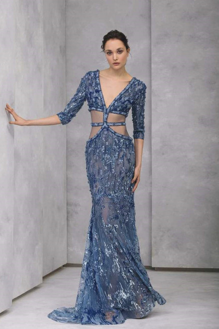 Shop Tony Ward Mermaid-cut Embroidered Tulle ¾ Sleeve Gown