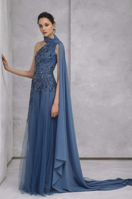 Shop Tony Ward Draped Georgette Beaded Tulle Gown