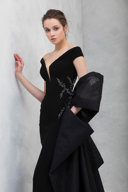 Shop Tony Ward Off Shoulder Fitted Crepe Gown