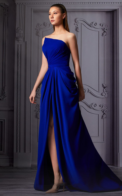 Mnm Couture Strapless Pleated Slit Gown