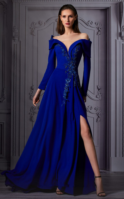 Mnm Couture Long Sleeve Off Shoulder Slit Gown