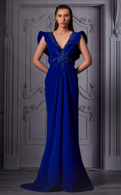 Mnm Couture Cap Sleeve Embellished Bodice Gown