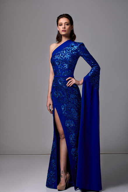 Edward Arsouni Crepe And Sequin Gown With Long Sleeve