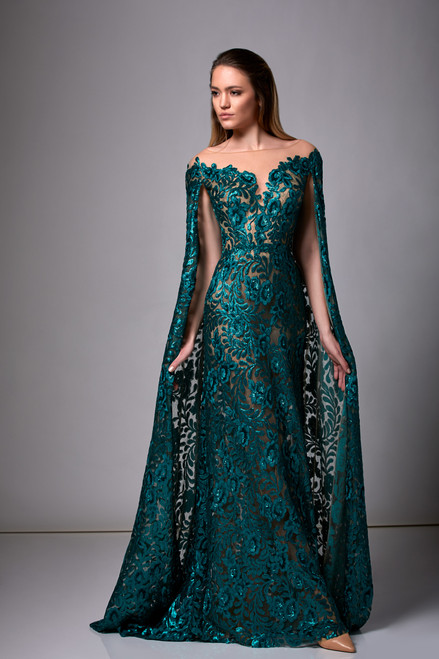 Edward Arsouni Off Shoulder Illusion Sequin Gown