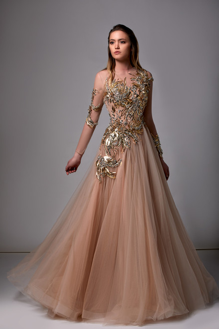 Edward Arsouni Long Sleeve Beaded Tulle Gown