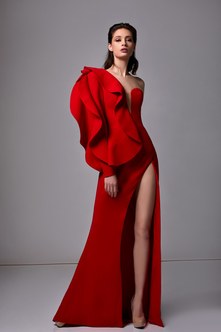 Edward Arsouni Puff Sleeve Crepe Slit Gown