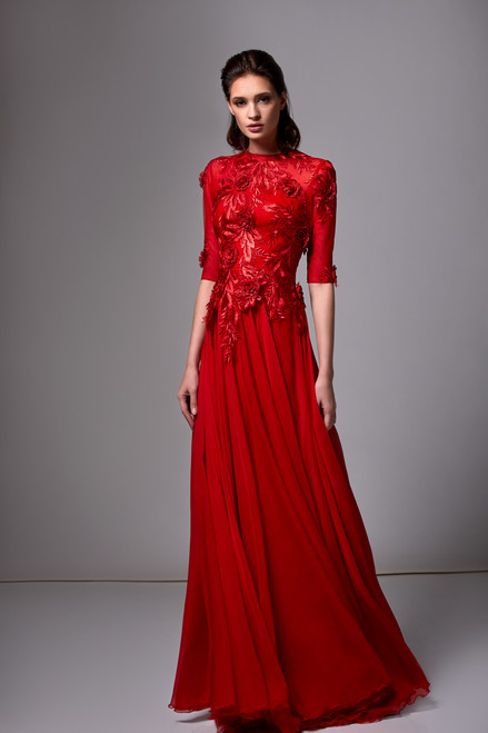 Edward Arsouni Elbow Sleeve Mousseline Gown With Lace