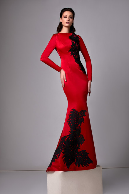 Edward Arsouni Long Sleeve Trumpet Satin Gown