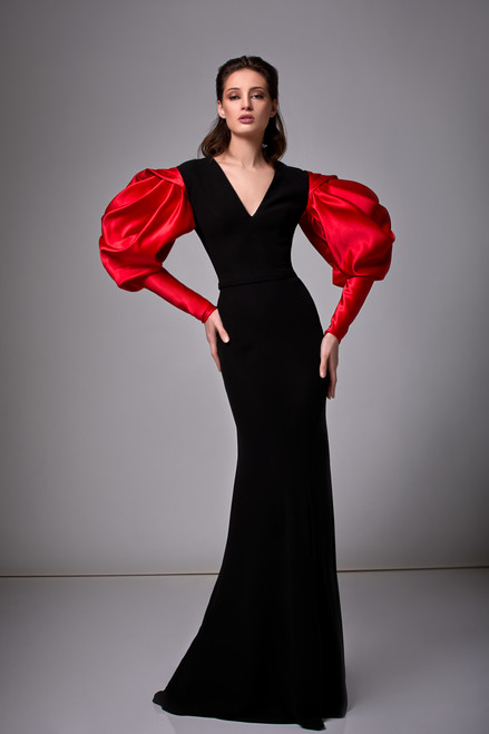 Edward Arsouni Satin Puff Sleeve Crepe Gown