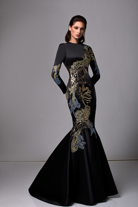Edward Arsouni Long Sleeve Satin Embroidered Gown