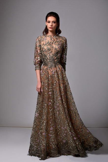 Edward Arsouni Tulle Gown With Flower Embroidery