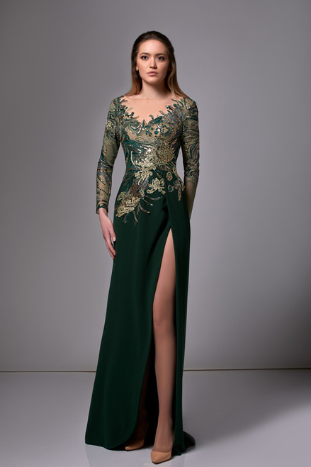 Edward Arsouni Sequined Long Sleeve Crepe Slit Gown