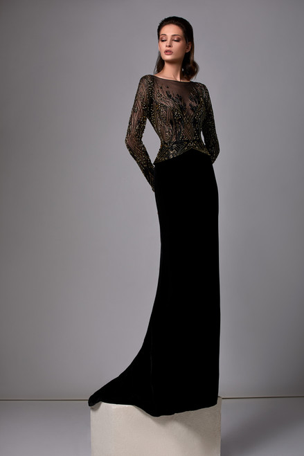 Edward Arsouni Beaded- Long Sleeve Velvet Gown