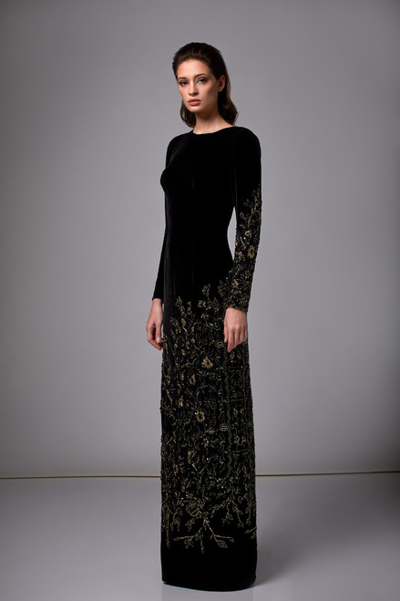 Edward Arsouni Beaded Long Sleeve Velvet Column Gown