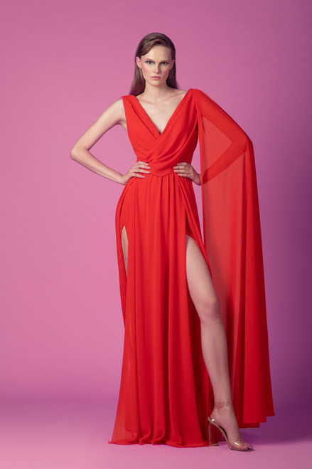 Gemy Maalouf Cape Sleeve Mousseline Gown
